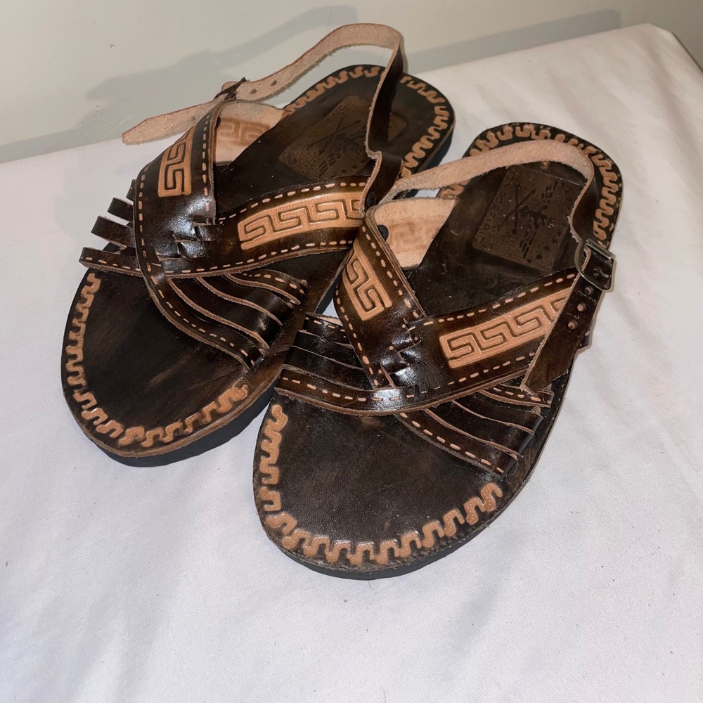 Don Porfirio Mens Brown Leather Huarache Sandals Greek Key Tooled Mexican Sz 5